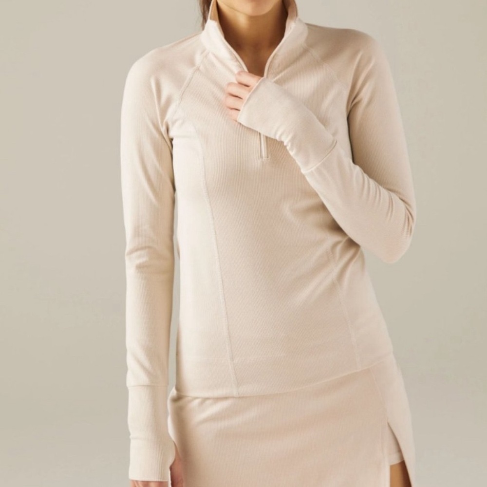 Beyond Yoga 1673 Heather Rib Take A Hike Zip Pullover in Cream Heather.